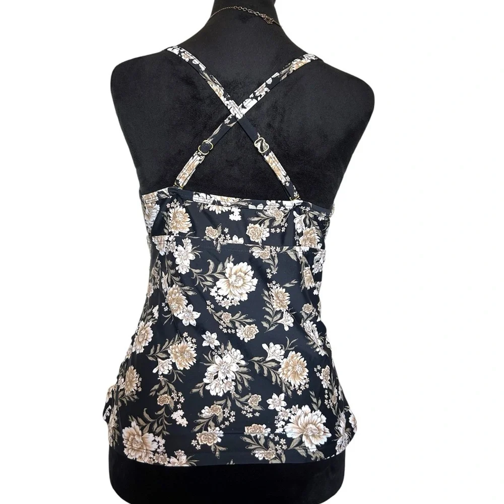 Aqua Couture Womans Medium Black & Gold Floral Pattern Cross Back Swim Suit Top